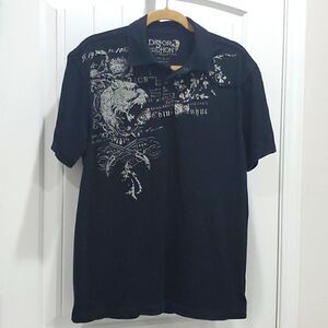 Distortion Mens Black Polo, Size Large
